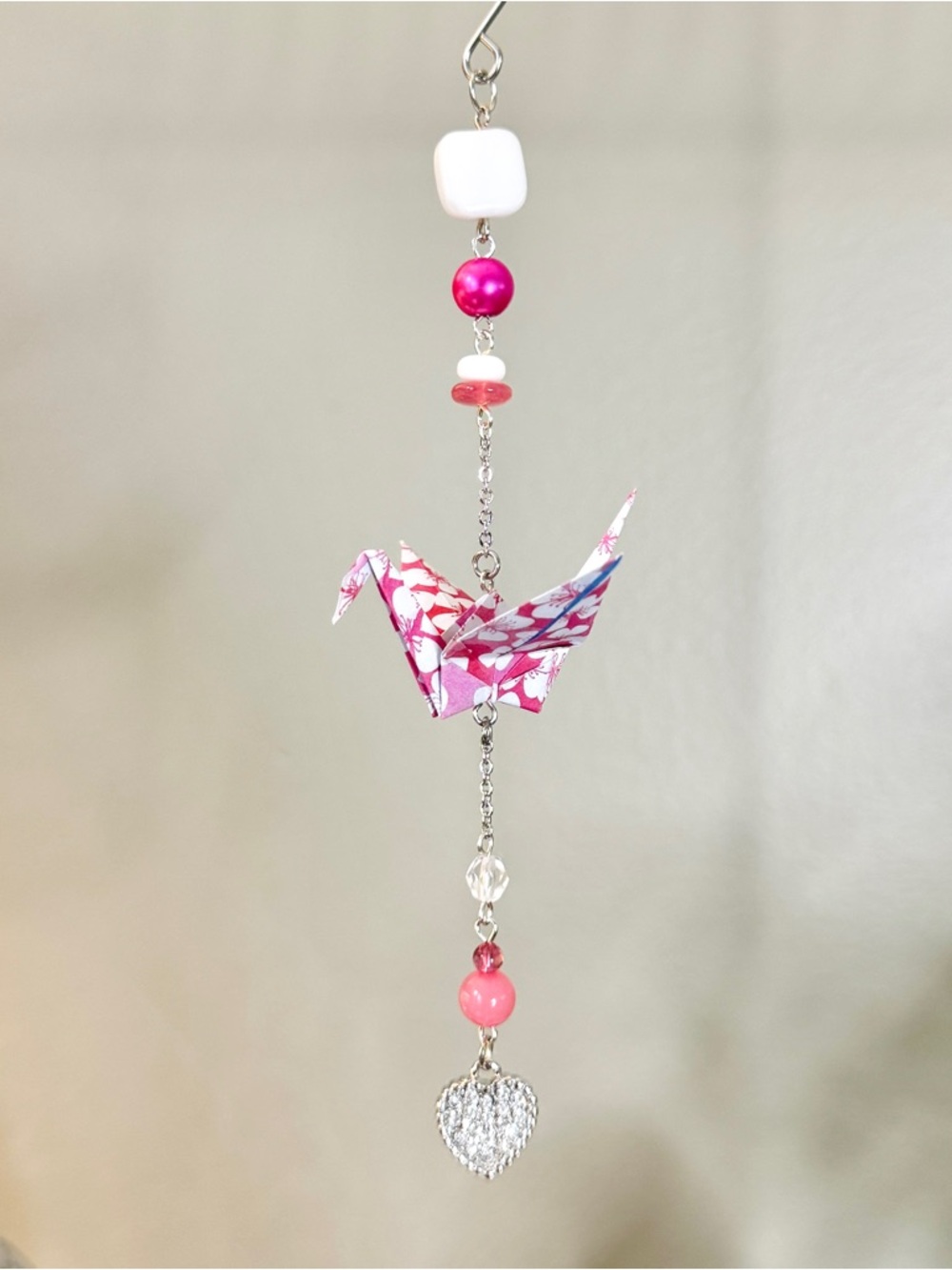 Origami Ornament #2497 - Small Crane with Repurposed Heart Charm